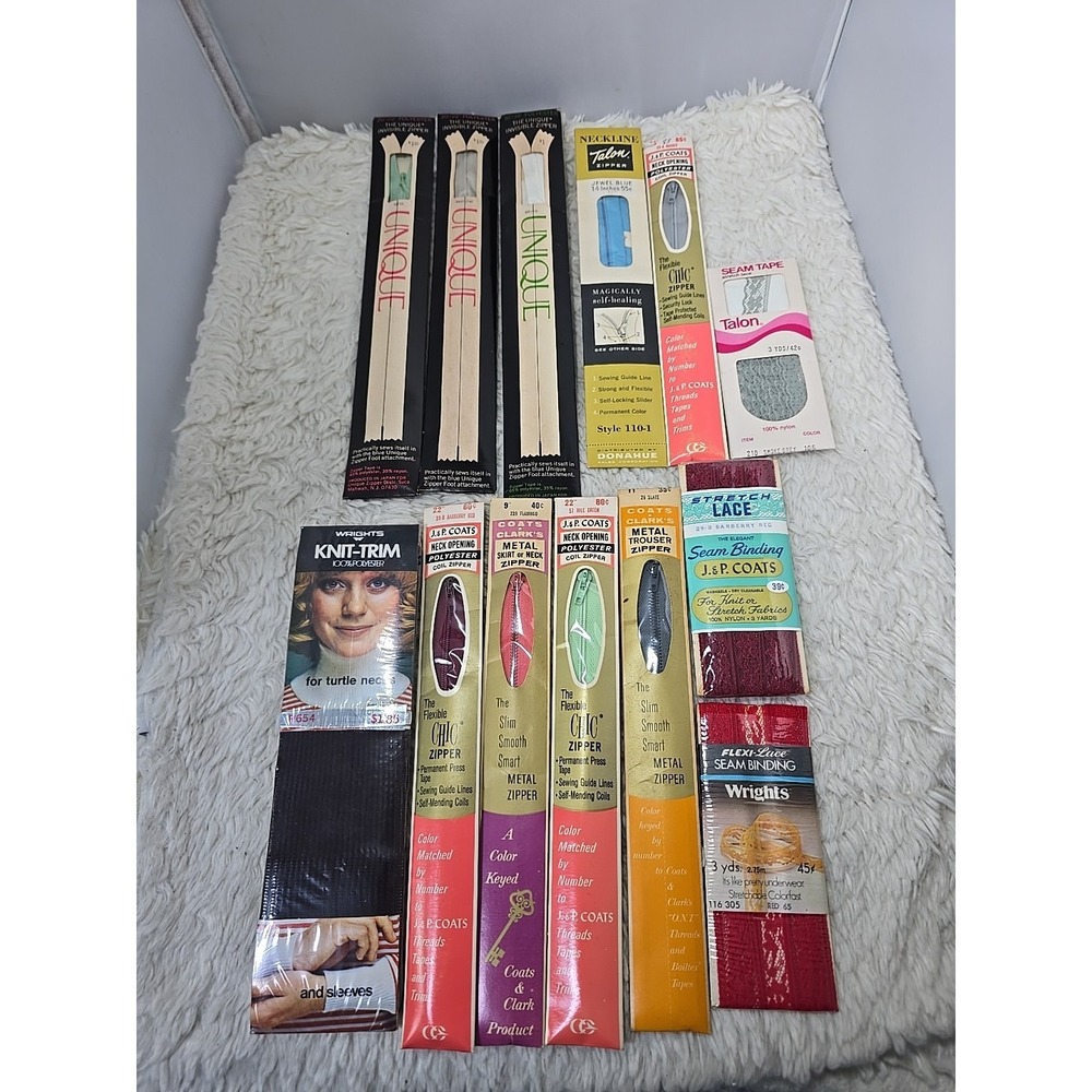 Vintage Lot of 9 Zippers J&P‎ Coats Fix Knit Various Colors w/ Lace Seams Turtle
